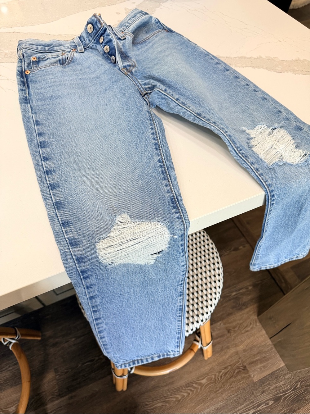 Levi's 501 Light Blue Distressed Straight Leg Jeans